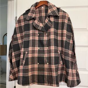 Plaid Double-Breasted Wool Blend Jacket - Pink & Gray
